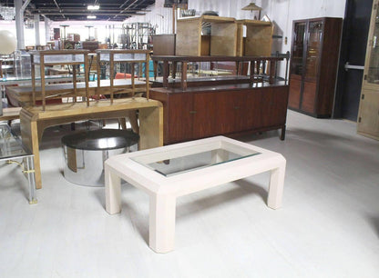 EstablishedLines Beige Lacquered Textured Grass Cloth Rafia Rectangular Glass Top Coffee Table