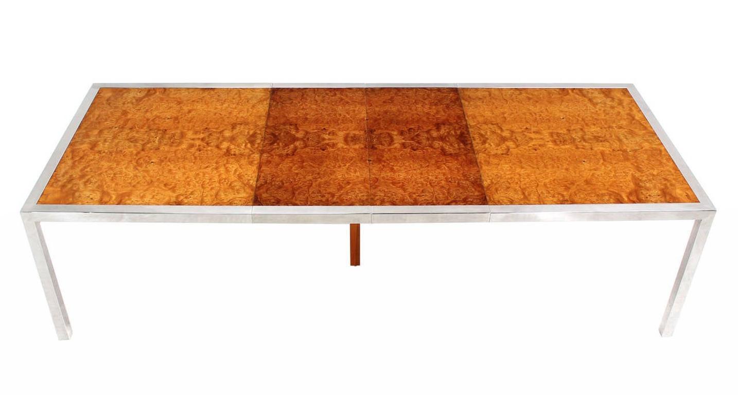 EstablishedLines Stainless Steel Chrome Base Amber Burl Wood Dining Conference Table Two Leaves