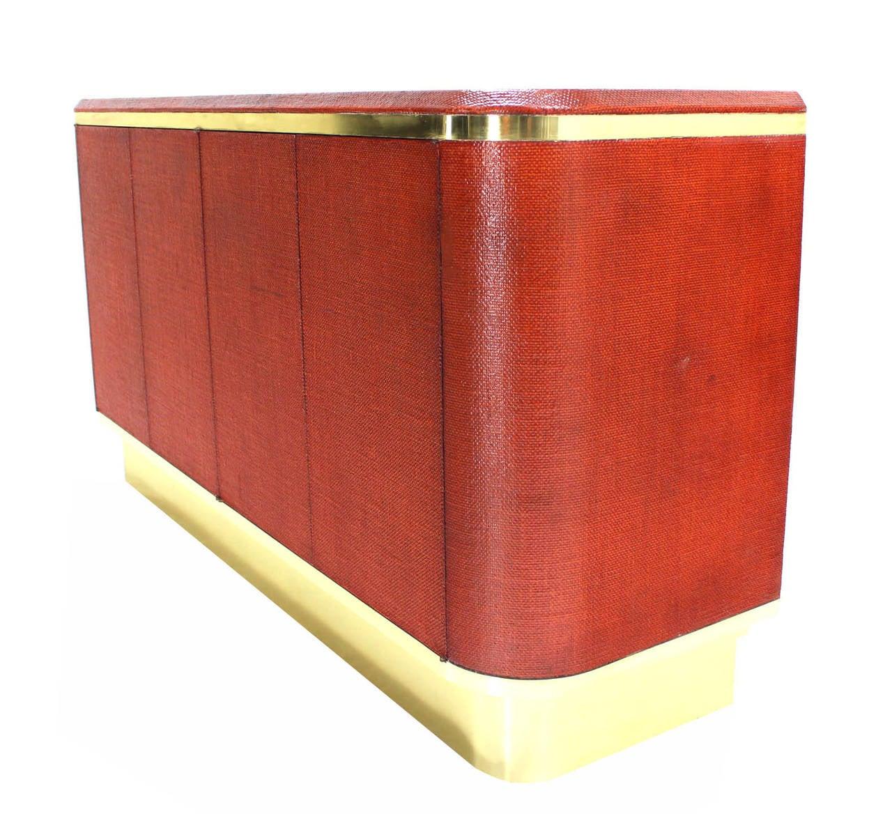 Grass Cloth Brass Credenza 4 Doors Cabinet Sideboard Red Brick Color MINT!