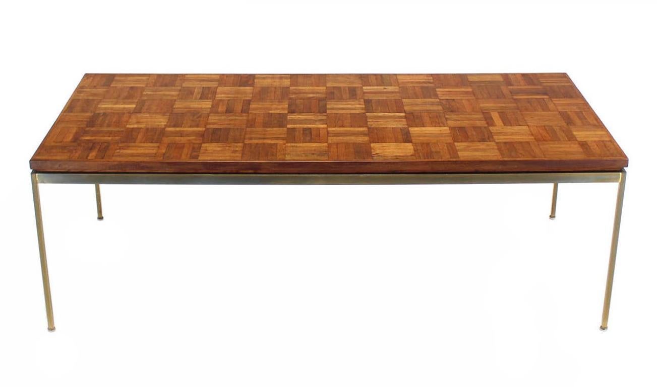 EstablishedLines Mid Century Modern Large Rectangle Brass Base Parquet Top Coffee Table MINT!