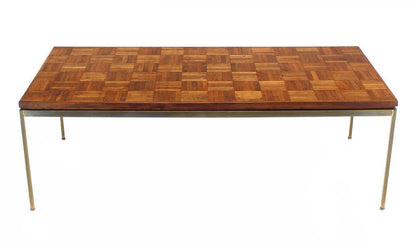 EstablishedLines Mid Century Modern Large Rectangle Brass Base Parquet Top Coffee Table MINT!