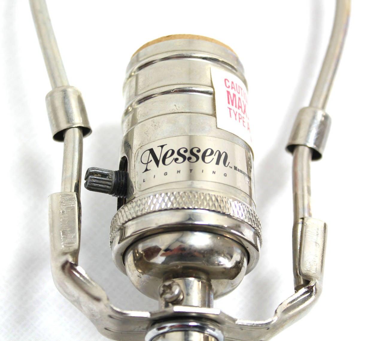 EstablishedLines Pair of Chrome Stitched Square Leather Bases  Modern Table Lamps by Nessen MINT
