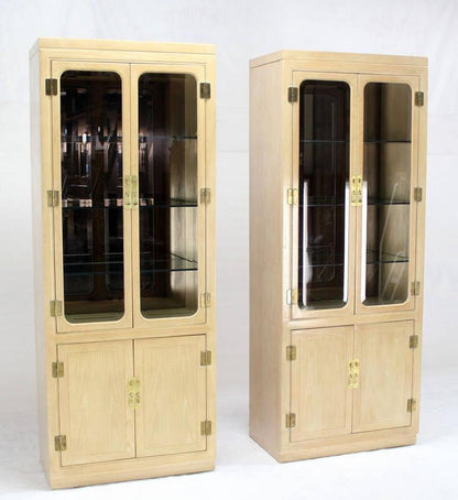 Pair John Stuart White Wash Beveled Glass MidCentury Modern Tall Display Cabinet