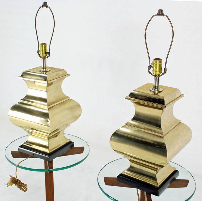 EstablishedLines Pair Modern Figural Sculptural Profile Square Base Polished Brass Table Lamps