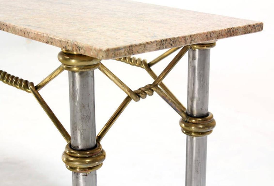EstablishedLines Mid Century Modern Solid Brass "Rope" Chrome Base Marble Top Console Sofa Table