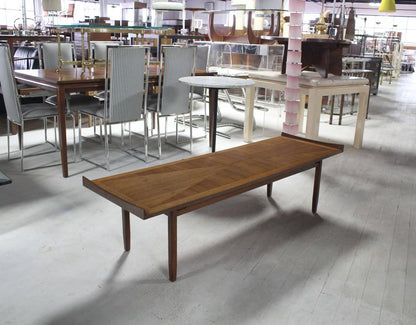 EstablishedLines Danish Modern Long Rectangle Walnut Coffee Table Rolled Ends MINT!