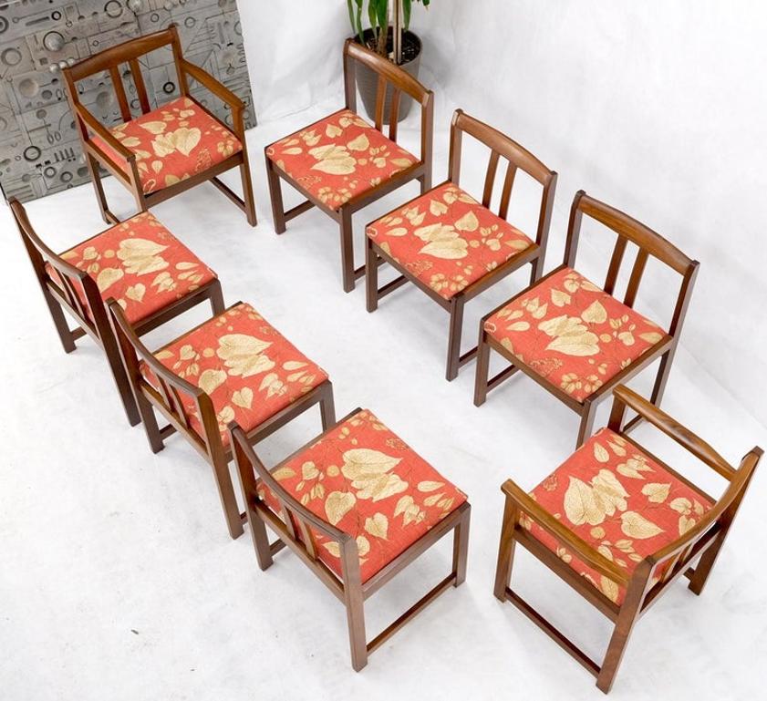 Set of 8 Solid Rosewood Red Linen Fabric Upholstery Dining Arm Side Chairs