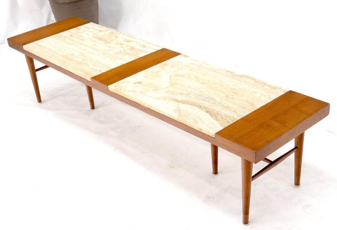 Long Rectangular Walnut Coffee Table w/ Two Travertine Inserts