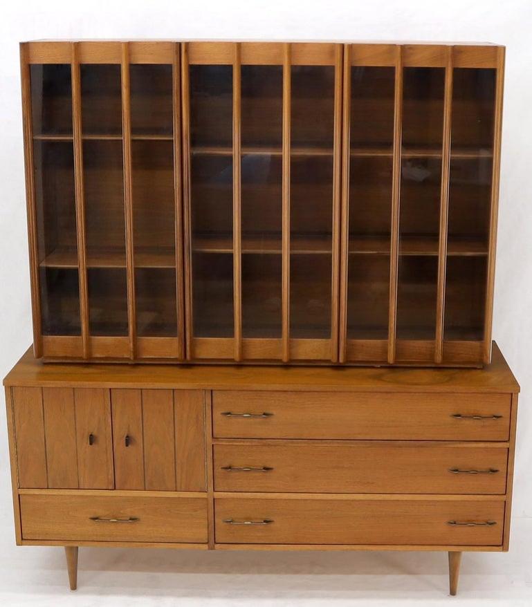 Walnut mid century modern two-part hutch credenza display cabinet glass doors