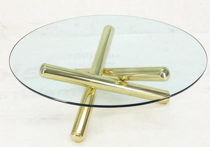 Large Thick Brass Spikes to Form Jack Tripod Base Round Glass Top Coffee Table