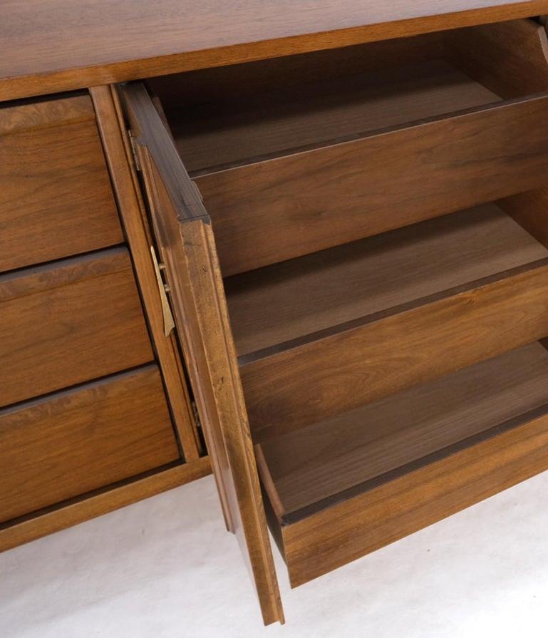 Long Walnut 9 Drawers Two Doors Mid-Century Modern Dresser Credenza Burl Accents