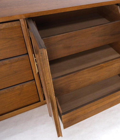Long Walnut 9 Drawers Two Doors Mid-Century Modern Dresser Credenza Burl Accents