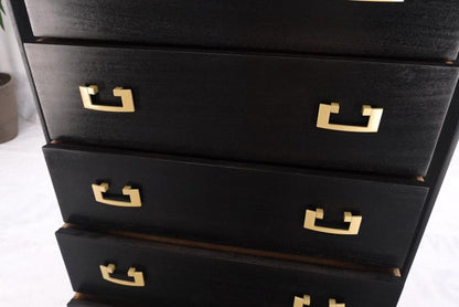 Ebonized Black Lacquer Mahogany Tall 5 Drawers Dresser Gold Bracket Pulls MNT