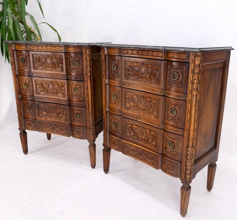 Pair Antique Marble Top Finely Carved 3 Drawers Brass Pulls Bachelor Chests MINT