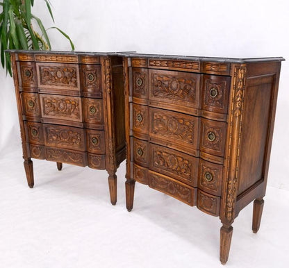 Pair Antique Marble Top Finely Carved 3 Drawers Brass Pulls Bachelor Chests MINT