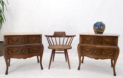 Pair Custom Bombe Shape Marble Top Brass Drop Pulls 2 Drawer Nightstands Tables
