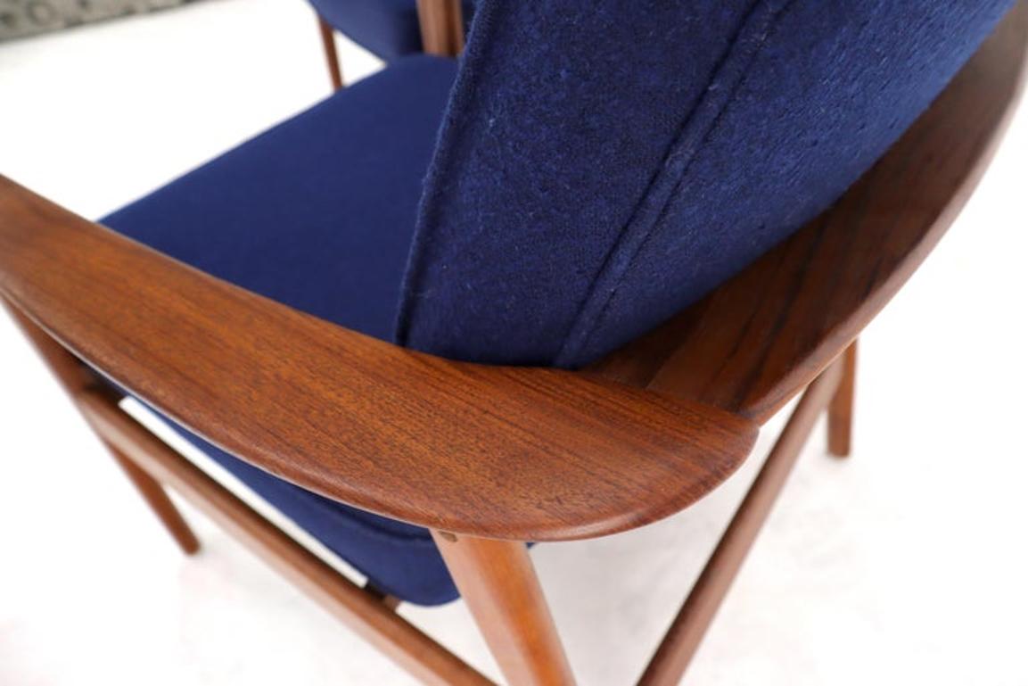 Pair of New Blue Upholstery Teak Danish Mid-Century Modern Arm Lounge Chairs
