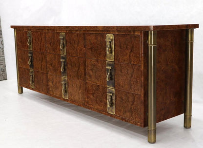 Mastercraft Burl Wood and Brass Hardware Long 9 Drawers Credenza Dresser