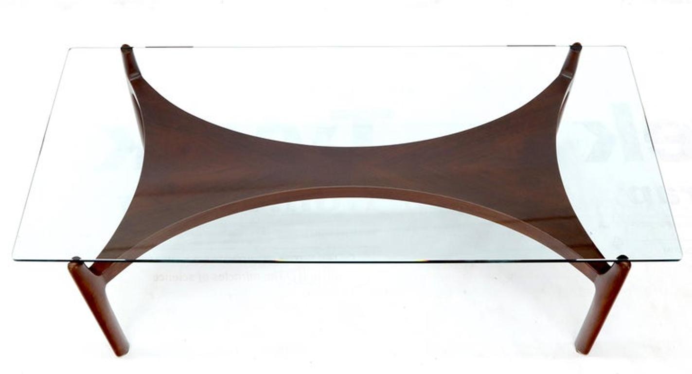 Sculptural Low Profile Teak Base Glass Top Danish Midcentury Coffee Table