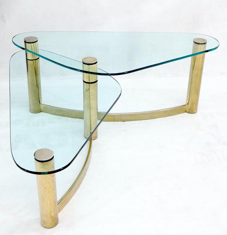 Two-Tier "L" Shape Glass and Brass Organic Kidney Shape Coffee Table
