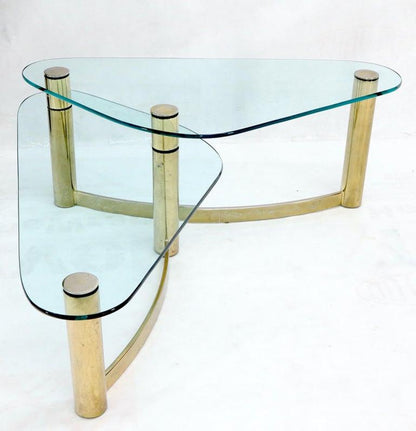 Two-Tier "L" Shape Glass and Brass Organic Kidney Shape Coffee Table