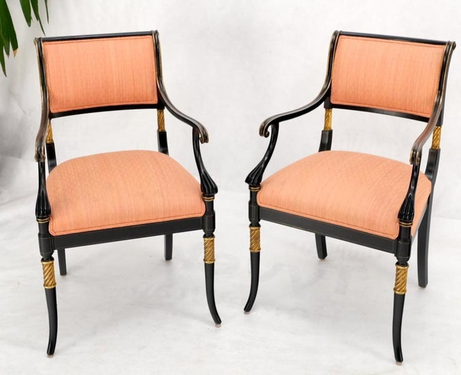 Pair Regency Ebonized Gilt Craved Fireside Dining Arm Chairs Horn Shape Leg