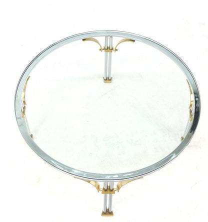 Round Glass Top Chrome Legs Solid Brass Stretchers & Feet Coffee Center Table