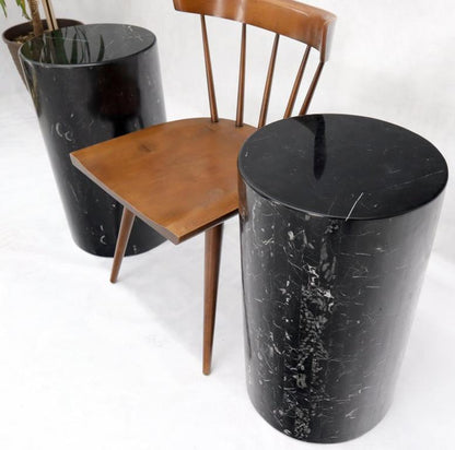 Pair of Black Marble Stone Veneer Sheeted Tiled Round Cylinder Pedestals