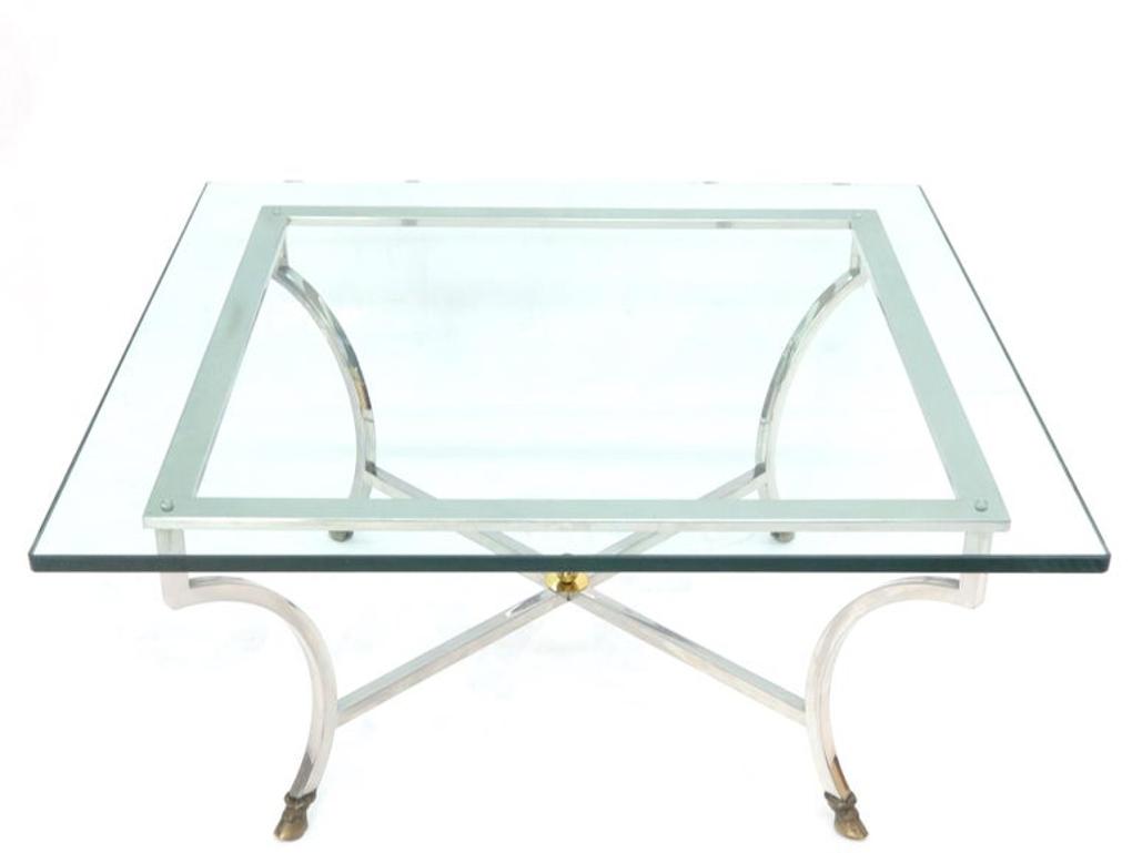 Square Chrome and Brass Hoof Feet Base Thick Glass Top Coffee Table