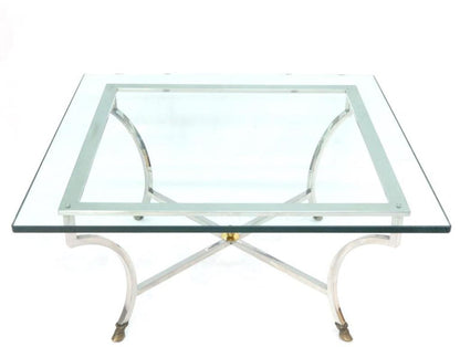 Square Chrome and Brass Hoof Feet Base Thick Glass Top Coffee Table