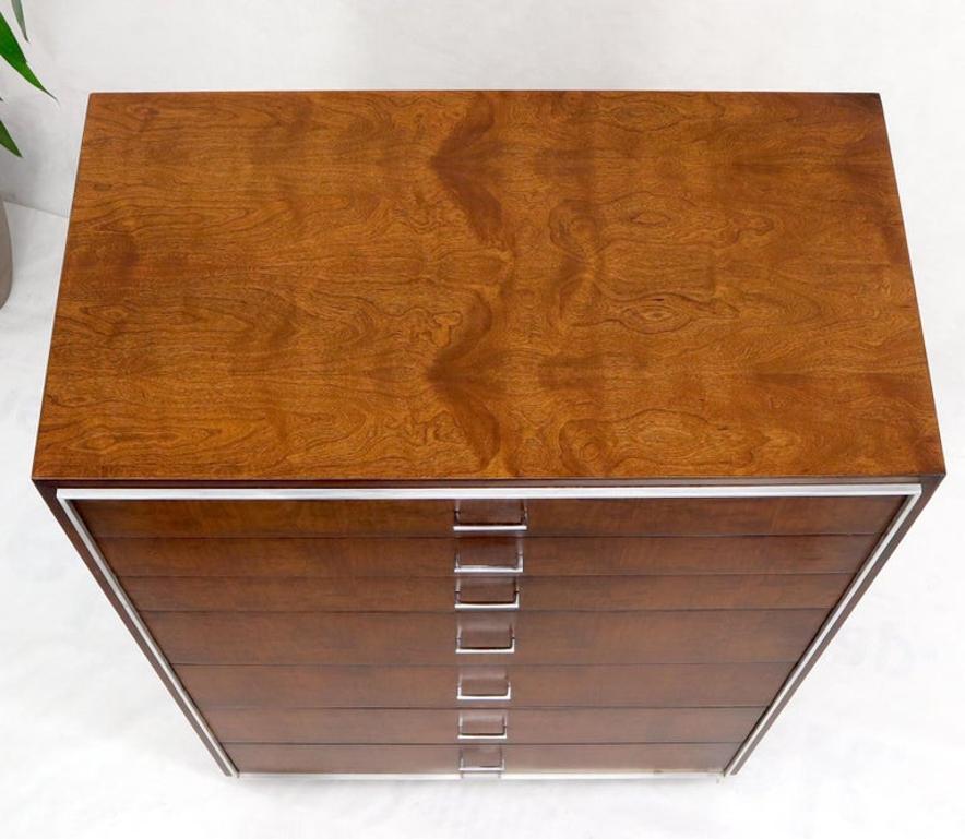 Seven Drawers Burl Wood Chrome Metal Bezel High Chest Dresser by John Stuart