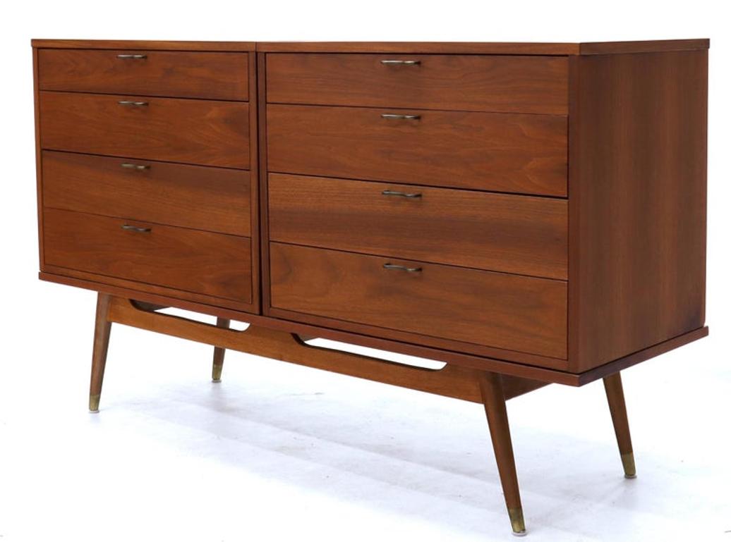 Three Pcs Mid-Century Modern Oiled Walnut Chest Dresser Credenza w/ Waive Pulls