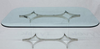 Large Glass Top Lucite & Stainless Base Rectangle Dining Table w/ Rounded Corner