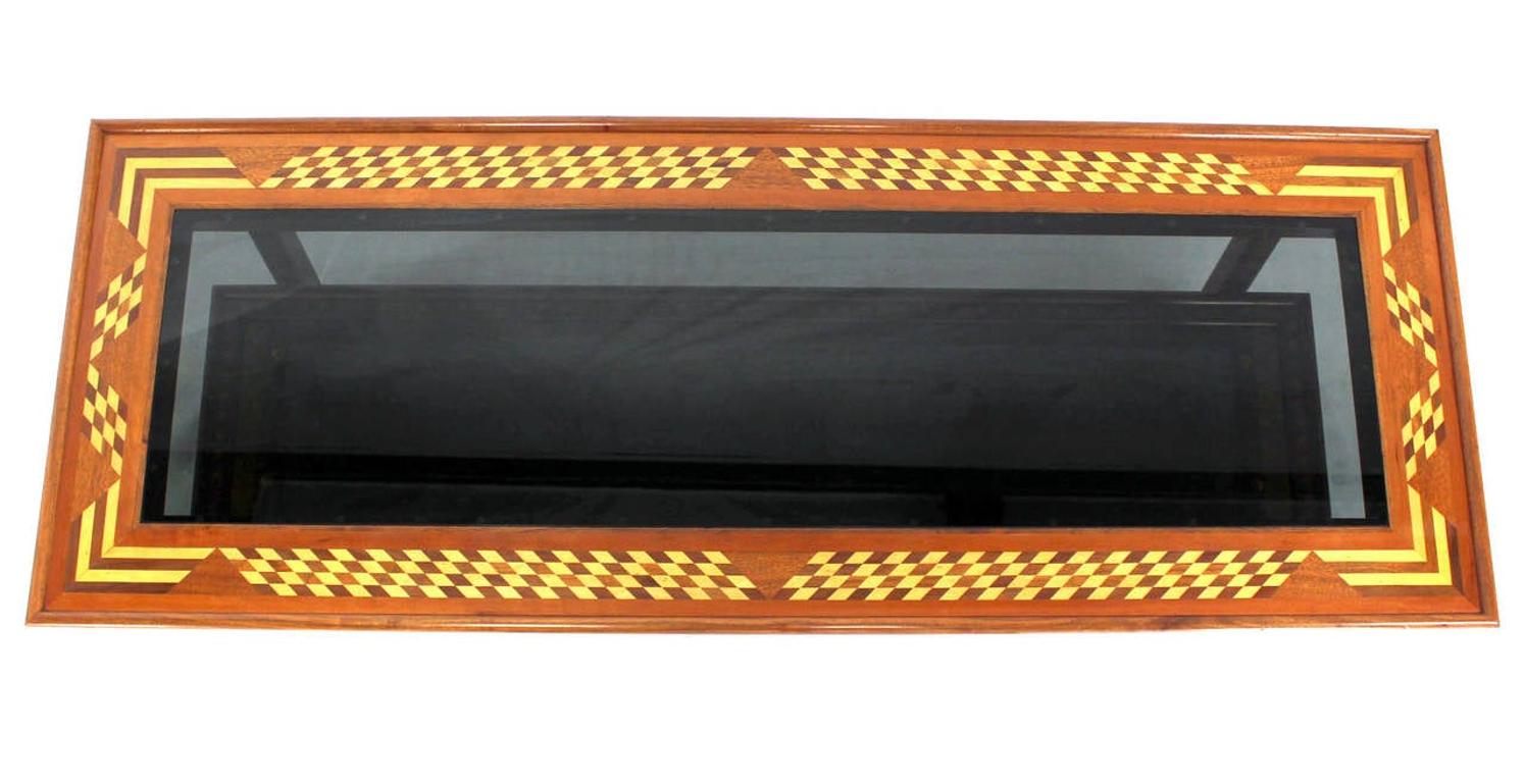 Walnut Smoked Glass Top Marquetry Design Long Coffee Table