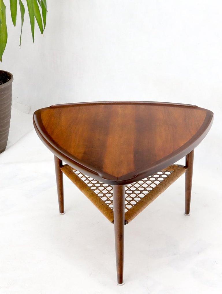Rounded Triangular Shape Danish Mid-Century Modern Side Occasional Table Cane