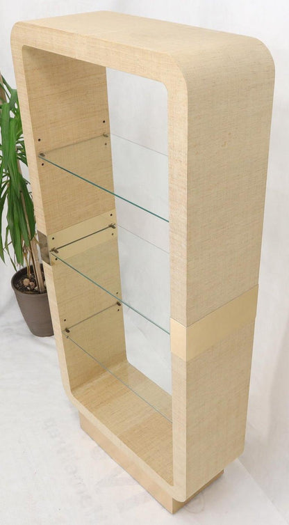 Raffia Cloth Finished Rounded Angles Étagère Display Unit Glass Shelves