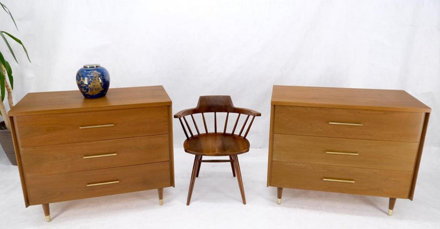 Pair John Stuart Refinished 3 Drawer Bachelor Chests Dressers W/ Long Brass Pull