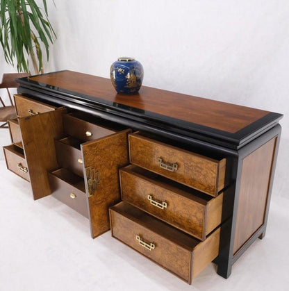 Burl Wood Black Ebonized Border 9 Drawers Long Dresser Credenza Brass Pulls Mint