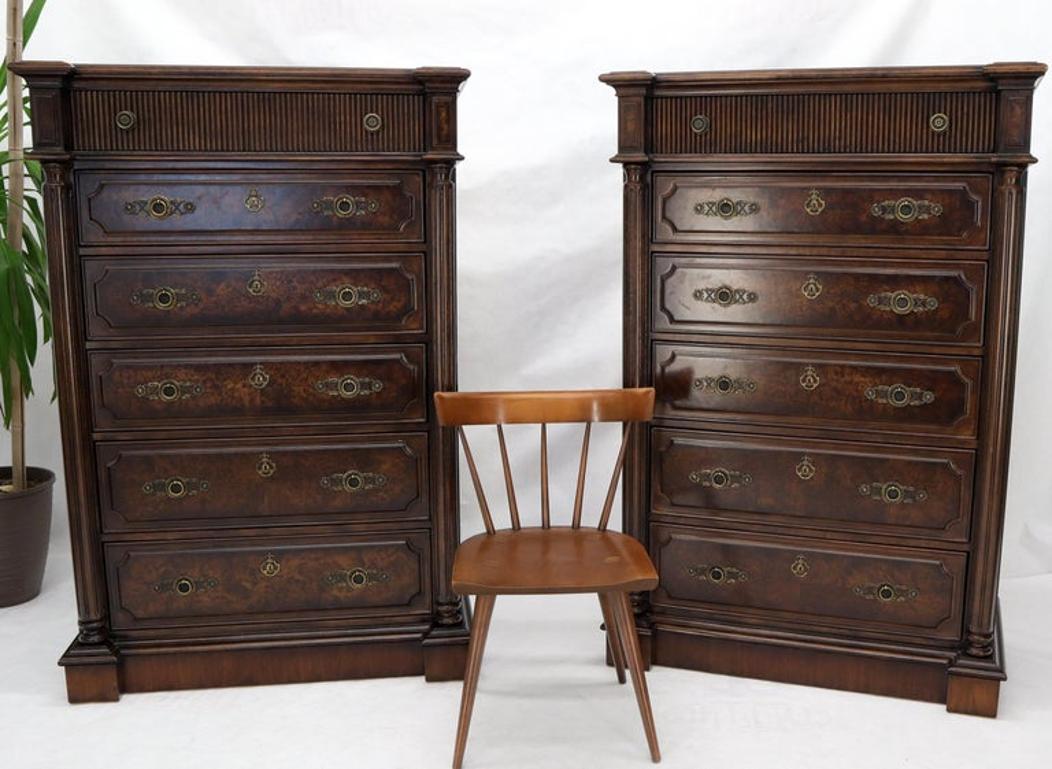 Pair of Tall 6 Drawers Burl Wood Dressers