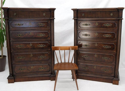 Pair of Tall 6 Drawers Burl Wood Dressers