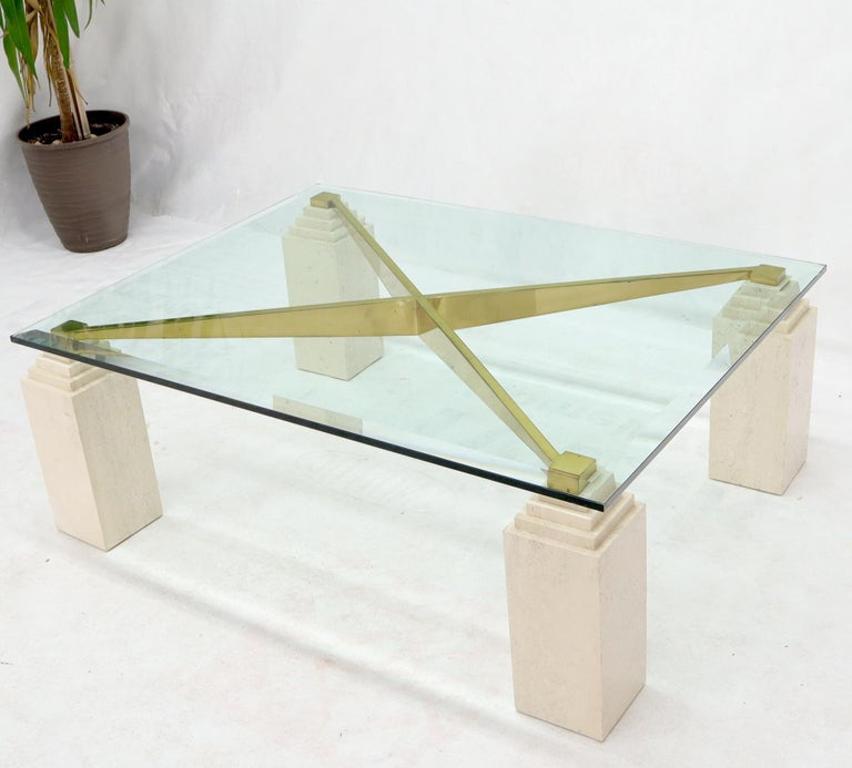 Square Travertine Legs Brass X Shape Base Glass Top Coffee Table