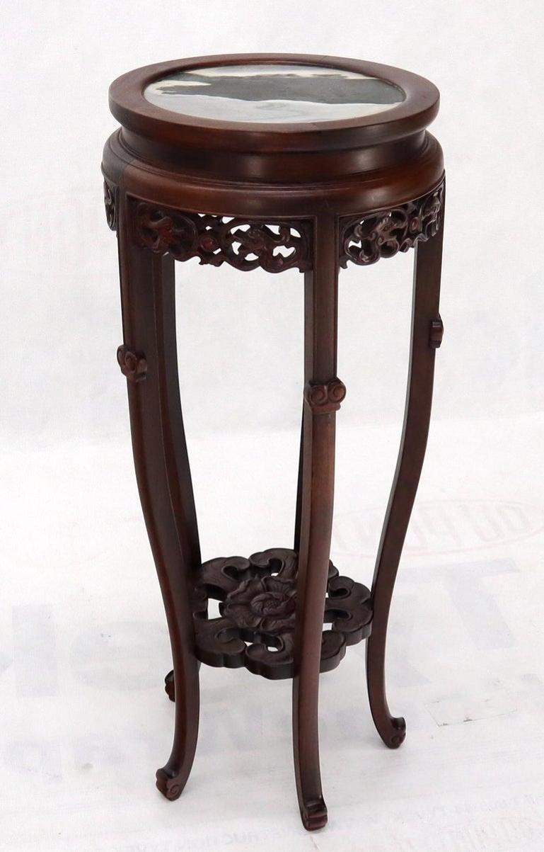 Chinese Carved Dark Rosewood Marble Top Round Stand