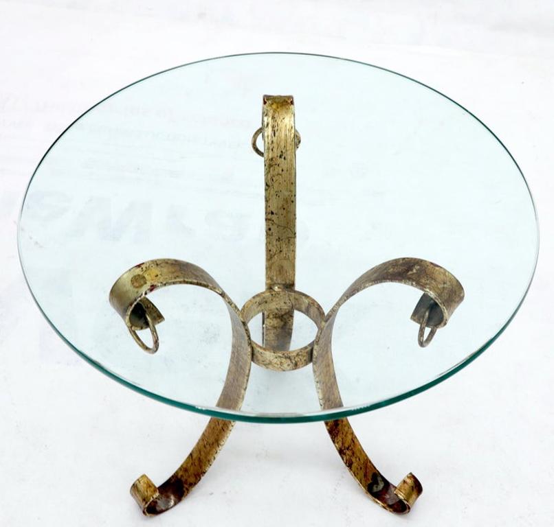Round Glass Top Gold Gilt Tripod Wrought Iron Base Side End Table