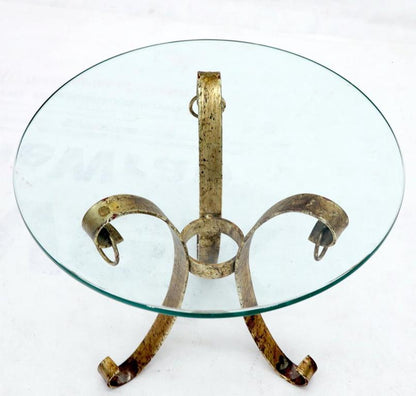 Round Glass Top Gold Gilt Tripod Wrought Iron Base Side End Table