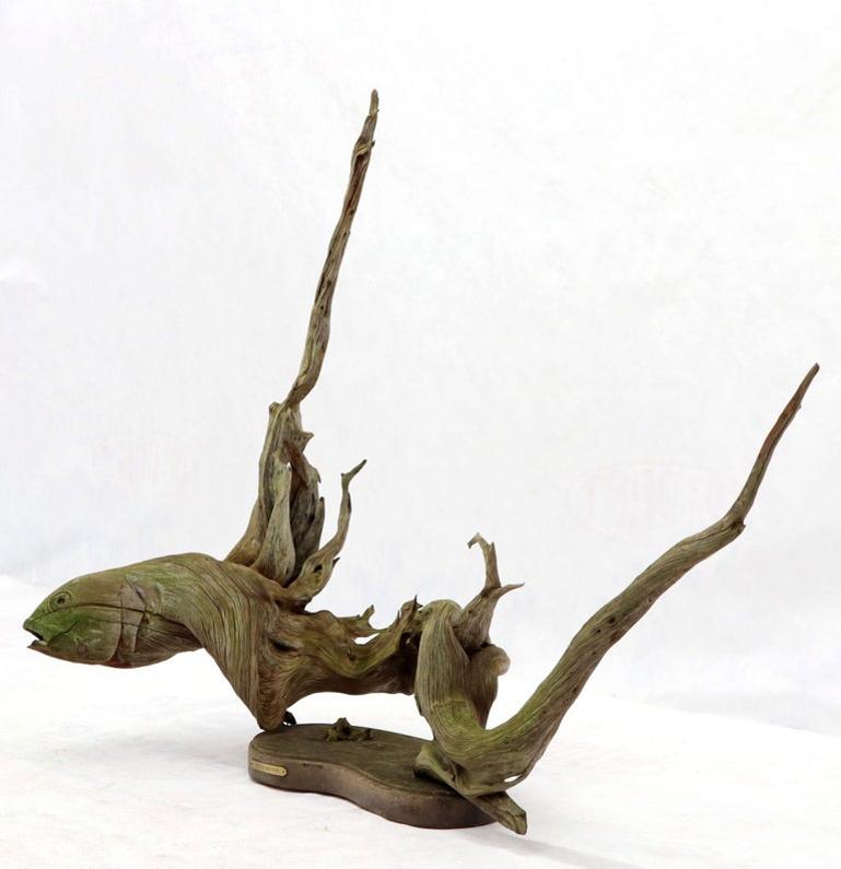 Large Natural Wood Fish Shape Driftwood Sculpture Artist Signed