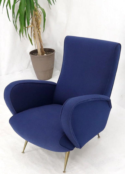 New Navy Blue Upholstery Italian Mid-Century Modern Lounge Chair on Brass Legs