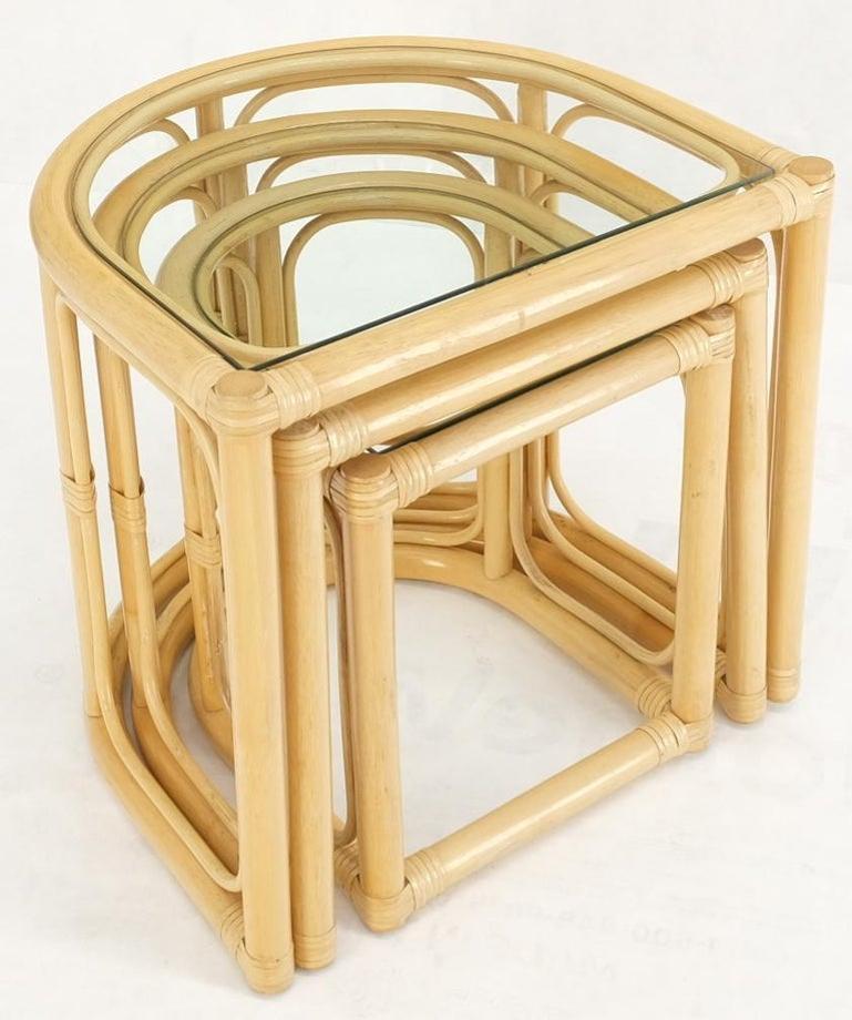 Bent Reed Bamboo Rattan Set of Three Stacking End Side Occasional Tables Stands