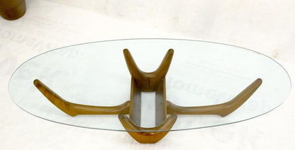 Large Oval Glass Top Solid Carved Wood Coffee Table