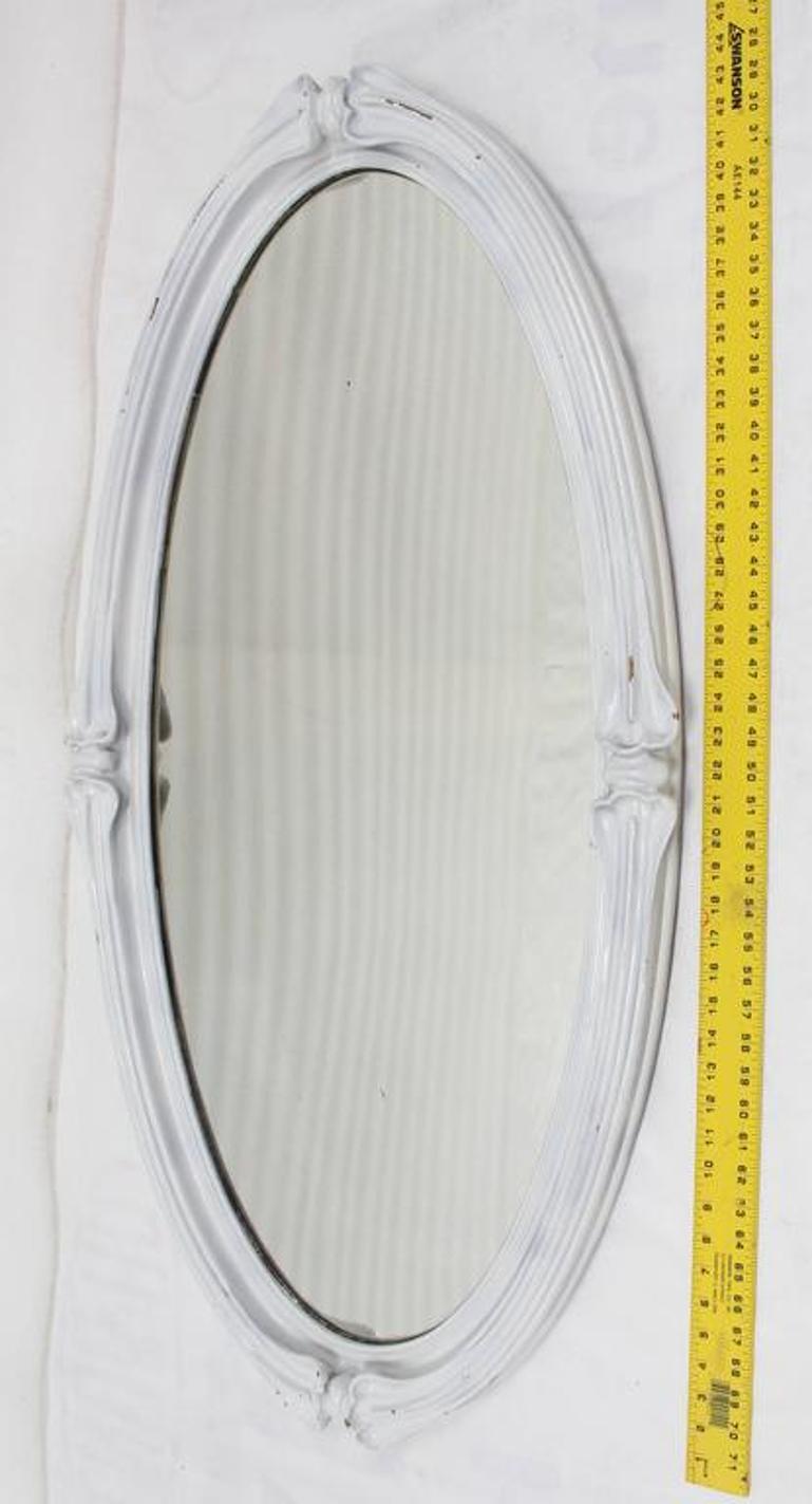 Art Nouveau Oval Carved Wood Mirror Painted White