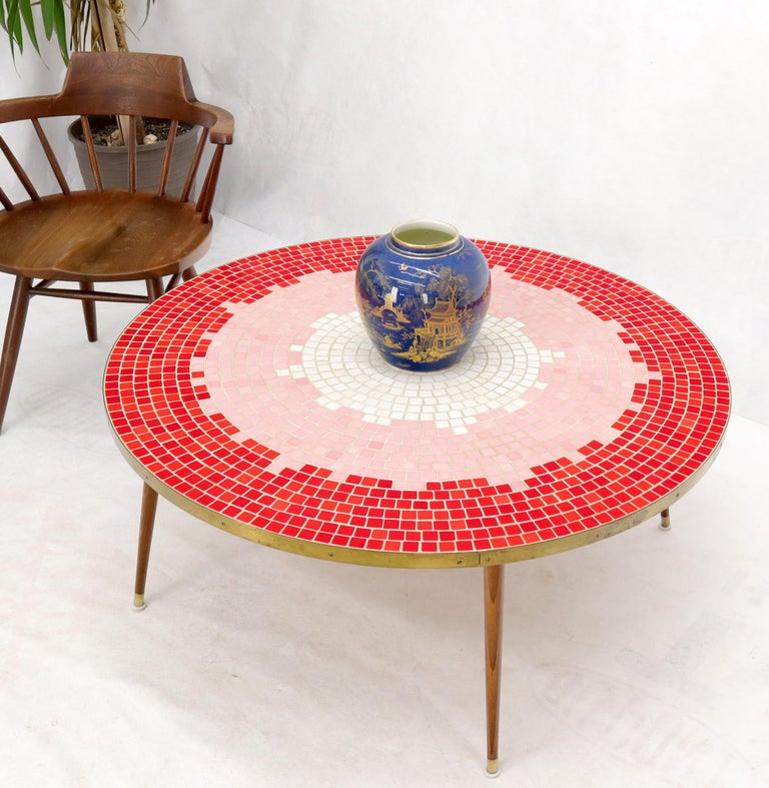 Sunburst Red Tile Mosaic Round Mid-Century Modern Coffee Table